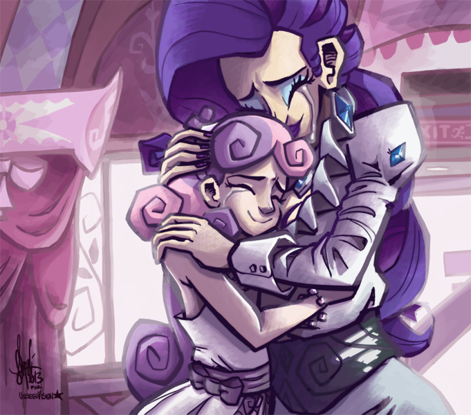 Size: 800x705 | Tagged: artist:theartrix, carousel boutique, crying, derpibooru import, embrace, feels, forgiveness, hug, human, humanized, light skin, rarity, safe, scene interpretation, sisterhooves social, sisters, sweetie belle, sweetielove