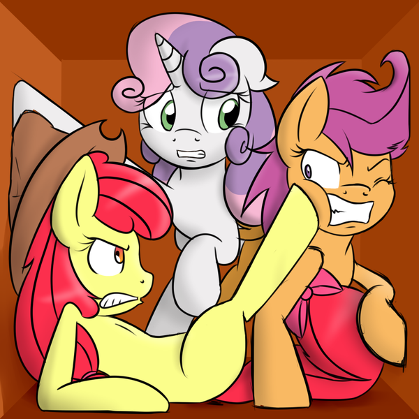 Size: 1024x1024 | Tagged: angry, apple bloom, box, crowded, cutie mark crusaders, derpibooru import, floppy ears, gritted teeth, kicking, older, older apple bloom, older cmc, older scootaloo, older sweetie belle, on back, safe, scootaloo, sweetie belle, teenage crusaders answers, teenager, wide eyes, wink