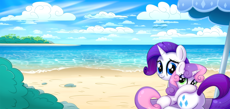 Size: 1527x730 | Tagged: artist:ctb-36, beach, beach umbrella, cloud, cloudy, derpibooru import, hug, rarity, safe, sisters, sweetie belle, water