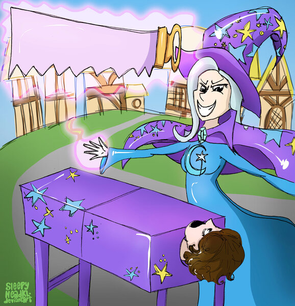 Size: 1024x1063 | Tagged: artist:sleepyheadkl, box, box sawing trick, derpibooru import, human, humanized, light skin, magic hands, magic trick, safe, saw, trixie