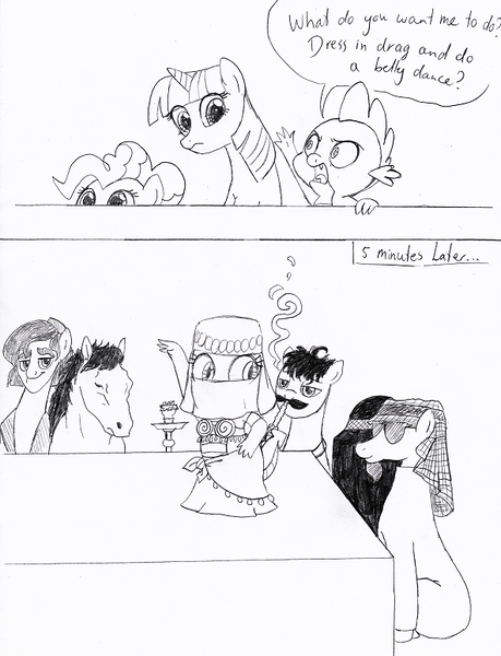 Size: 592x774 | Tagged: aladdin, artist:queencold, belly dancer, burqa, crossdressing, derpibooru import, disney, hoers, hookah, monochrome, parody, pinkie pie, saddle arabian, safe, sketch, spike, twilight sparkle