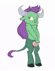 Size: 660x860 | Tagged: artist:carnifex, derpibooru import, female, hybrid, interspecies offspring, minotaur, oc, offspring, parent:fluttershy, parent:iron will, parents:ironshy, safe, simple background, solo, udder, unofficial characters only, white background