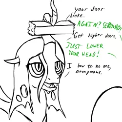 Size: 800x800 | Tagged: artist:benaspace, bow, derpibooru import, door, oc, oc:anon, queen chrysalis, safe