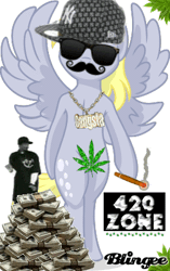 Size: 251x400 | Tagged: safe, derpibooru import, derpy hooves, pony, 420, animated, bipedal, bling, blingee, cigar, drugs, exploitable meme, gangsta, gangster, hat, hoof hold, jewelry, leaf, marijuana, meme, money, moustache, necklace, pot, snoop dogg, solo, strategically covered, sunglasses, swag, wat
