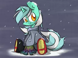 Size: 2048x1536 | Tagged: artist:melodenesa, boots, clothes, coat, derpibooru import, gloves, lyra heartstrings, pants, safe, snow, snowfall, solo, winter