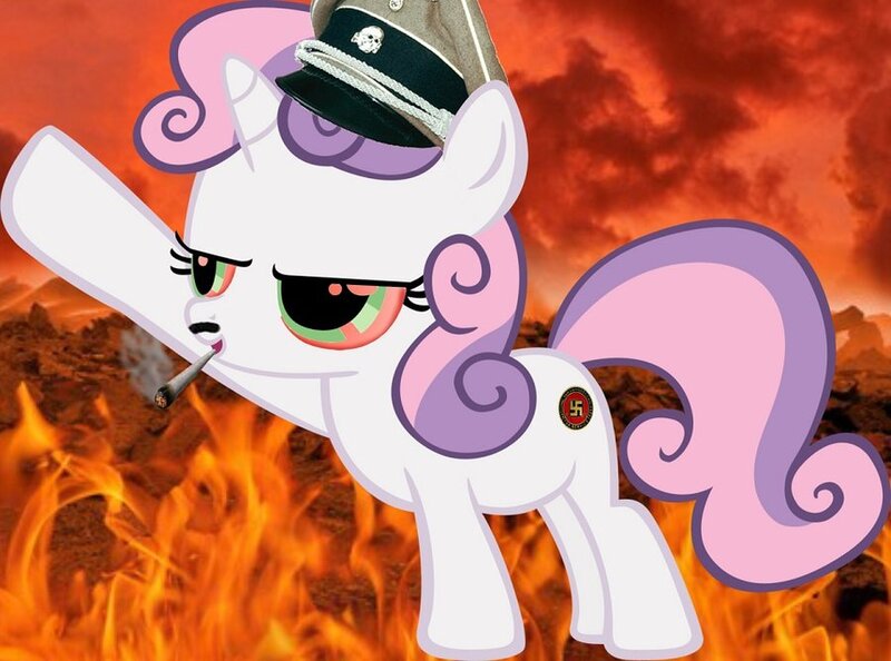 Size: 900x668 | Tagged: chronic, cutie mark, derpibooru import, drugs, drug use, edit, facial hair, fire, hat, heil, high, marijuana, moustache, nazi, pot, safe, smoke, smoking, solo, swastika, sweetie belle