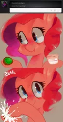 Size: 656x1260 | Tagged: artist:dhui, ask, dead source, derpibooru import, food, kiwi fruit, pinkie pie, pudding, safe, tired pie