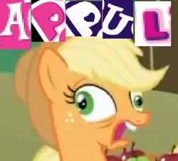 Size: 560x509 | Tagged: safe, derpibooru import, applejack, pony, appul, derp, expand dong, faic, majestic as fuck, open mouth, silly, silly pony, solo, that pony sure does love apples, wide eyes