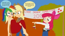 Size: 1196x667 | Tagged: safe, artist:garretthegarret, color edit, derpibooru import, apple bloom, applejack, rainbow dash, equestria girls, bare shoulders, barefoot, carrying, clothes, dialogue, drunk, drunker dash, feet, frilly underwear, hallucination, humanized, light skin, nudity, panties, underwear