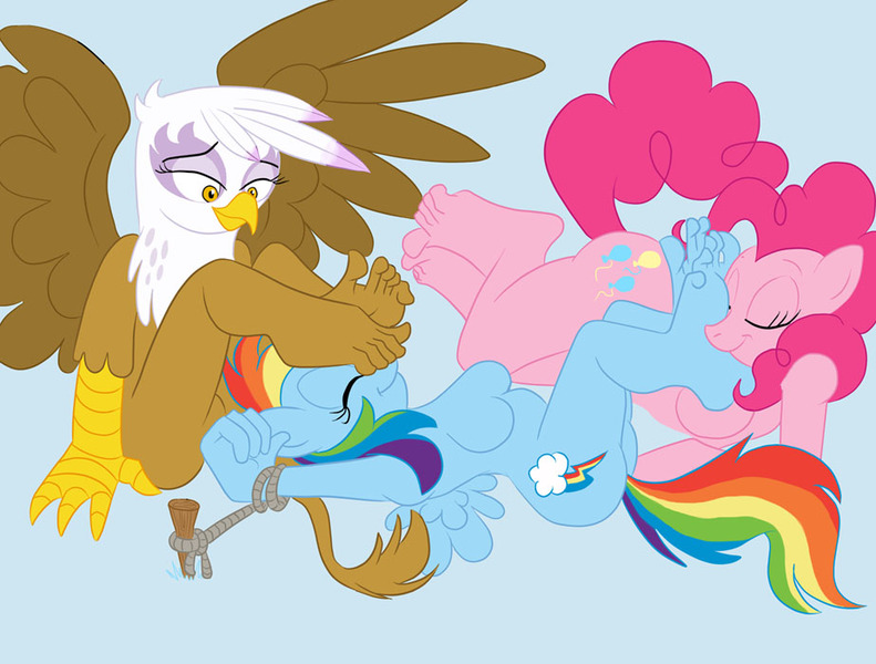 Size: 923x700 | Tagged: questionable, artist:jinkslizard, derpibooru import, gilda, pinkie pie, rainbow dash, anthro, gryphon, plantigrade anthro, barbie doll anatomy, barefoot, bondage, breasts, commission, cutie mark, eyelashes, feet, feet on face, feet sniffing, female, fetish, foot fetish, foot worship, gildash, gildashpie, happy, lesbian, nudity, pinkiedash, pinkiegildash, shipping, smelling, smiling, tied hands