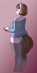Size: 900x1772 | Tagged: suggestive, artist:3mangos, derpibooru import, oc, oc:sugar crash, unofficial characters only, anthro, earth pony, unguligrade anthro, 3ds, anthro oc, breasts, brown hair, brown mane, brown tail, butt, clothes, female, glasses, gradient background, mare, panties, plot, signature, socks, solo, solo female, sweater, thigh highs, underwear