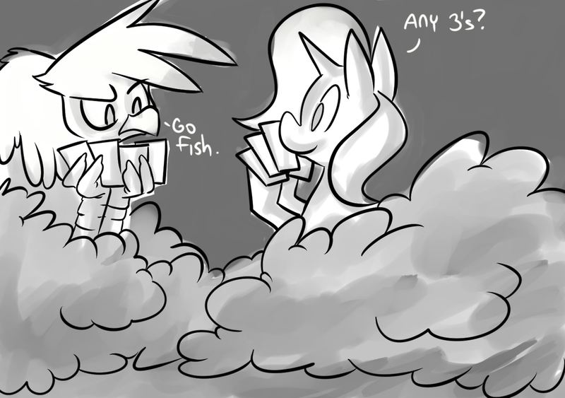 Size: 1280x900 | Tagged: safe, artist:fauxsquared, derpibooru import, gilda, trixie, gryphon, card, cloud, dialogue, go fish, grayscale, monochrome, playing, trixie is magic