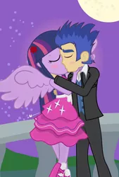 Size: 810x1200 | Tagged: safe, artist:dm29, derpibooru import, flash sentry, twilight sparkle, equestria girls, boots, clothes, dress, fall formal outfits, female, flashlight, good end, high heel boots, kissing, male, shipping, shoes, straight, tuxedo, twilight ball dress, wings