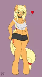 Size: 1061x1920 | Tagged: anthro, applejack, ask sexy applejack, bedroom eyes, belly button, choker, clothes, derpibooru import, heart, safe, simple background, skirt, solo, tanktop, unguligrade anthro