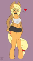 Size: 1061x1920 | Tagged: anthro, applejack, ask sexy applejack, bedroom eyes, belly button, breasts, choker, clothes, derpibooru import, erect nipples, female, heart, jacket, nipple outline, simple background, skirt, solo, solo female, suggestive, tanktop, unguligrade anthro