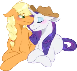 Size: 543x506 | Tagged: safe, artist:the-chibster, derpibooru import, applejack, rarity, earth pony, pony, unicorn, accessory swap, blushing, cowboy hat, eyes closed, female, hat, lesbian, mare, rarijack, shipping, simple background, smiling, stetson, transparent background