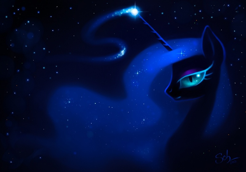 Size: 1111x776 | Tagged: artist:scheadar, bedroom eyes, looking at you, magic, nightmare moon, portrait, safe, smiling, solo, stars