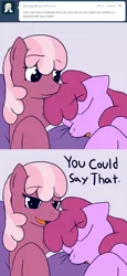 Size: 780x1698 | Tagged: 2 panel comic, artist:skoon, bed, berrilee, berry punch, berryshine, cheerilee, comic, dialogue, fanon, female, incest, lesbian, oh dat cheerilee, shipping, sleeping, suggestive, tumblr