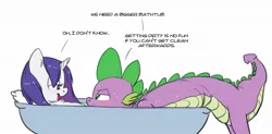 Size: 1077x530 | Tagged: suggestive, artist:carnifex, derpibooru import, rarity, spike, bath, bathtub, dialogue, female, implied cunnilingus, implied oral, implied sex, interspecies, male, shipping, sparity, straight, wet, wet mane, wet mane rarity