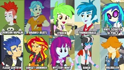 Size: 960x540 | Tagged: safe, derpibooru import, brawly beats, cherry crash, crimson napalm, flash sentry, mystery mint, ringo, sunset shimmer, thunderbass, valhallen, vinyl scratch, equestria girls, background human, naming, naming a pony, the rockers (clique)