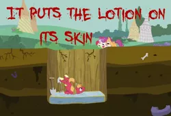 Size: 686x466 | Tagged: safe, derpibooru import, apple bloom, big macintosh, scootaloo, sweetie belle, earth pony, pony, exploitable meme, forced meme, male, meme, silence of the lambs, stallion