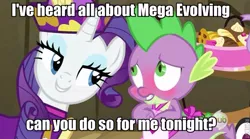 Size: 631x351 | Tagged: suggestive, derpibooru import, edit, edited screencap, screencap, rarity, spike, dragon, pony, unicorn, dragon quest, apron, bedroom eyes, blushing, caption, clothes, dress, female, food, hub logo, image macro, innuendo, male, mare, mega evolution, meme, naked apron, pokémon, rarity's bad pickup lines, roflbot, shipping, sparity, straight, text, the hub