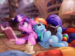 Size: 1920x1440 | Tagged: safe, artist:tsitra360, derpibooru import, rainbow dash, spike, twilight sparkle, pegasus, pony, unicorn, big crown thingy, book, cup, drink, duo focus, element of generosity, element of honesty, element of kindness, element of laughter, element of loyalty, element of magic, elements of harmony, female, golden oaks library, library, magic, mare, not shipping, reading, tea, telekinesis