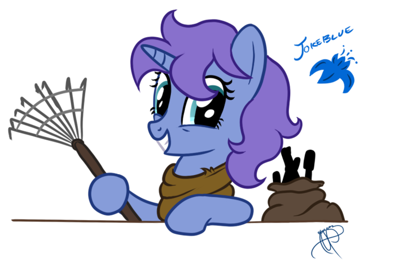 Size: 888x607 | Tagged: safe, artist:brisineo, derpibooru import, oc, oc:jokeblue, unofficial characters only, fallout equestria, fanfic, image, png, rake, solo