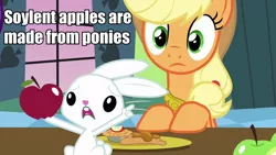 Size: 960x540 | Tagged: angel bunny, apple, applejack, caption, derpibooru import, image macro, meme, safe, soylent green