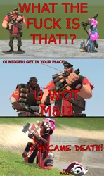 Size: 2762x4675 | Tagged: safe, artist:halcoon-145, deleted from derpibooru, derpibooru import, pinkie pie, earth pony, human, pony, 3d, comic, demoman, female, gmod, heavy, homewrecker, image macro, male, mane, mare, obligatory pony, pinkamena diane pie, pyro, racial slur, racism, reserve shooter, slur, tail, team fortress 2, text, u wot m8, vulgar, wat, wtf