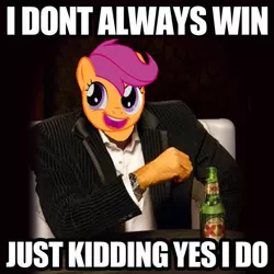 Size: 612x612 | Tagged: beer, derpibooru import, dos equis, image macro, safe, scootaloo, the most interesting man in the world, winner