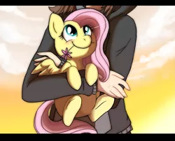 Size: 989x800 | Tagged: safe, artist:pawbit, derpibooru import, fluttershy, human, pony, blushing, cute, flower, flower in mouth, holding a pony, hug, mouth hold, shyabetes, smiling, underhoof