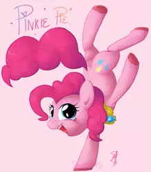Size: 1971x2249 | Tagged: dead source, safe, artist:imp-oster, derpibooru import, pinkie pie, earth pony, pony, cute, diapinkes, element of laughter, female, handstand, hooves, mare, open mouth, pink background, simple background, solo, standing, standing on one leg, unshorn fetlocks