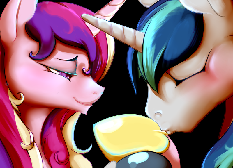 Size: 1800x1300 | Tagged: artist:severus, bedroom eyes, derpibooru import, eyes closed, female, hoof kissing, kissing, male, princess cadance, safe, shining armor, shiningcadance, shipping, smiling, source needed, straight, useless source url