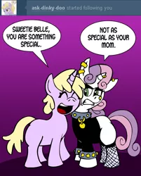 Size: 1707x2120 | Tagged: artist:pembroke, ask meanie belle, derpibooru import, dinky hooves, insult, meanie belle, meanie vs dinky, safe, savage, sweetie belle, tumblr, your mom
