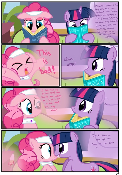 Size: 1741x2500 | Tagged: safe, artist:pyruvate, derpibooru import, pinkie pie, twilight sparkle, earth pony, pony, unicorn, comic:the usual, book, comic, dialogue, shipping, spa, spa pony pinkie pie, twinkie, unicorn twilight