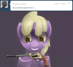 Size: 600x552 | Tagged: safe, artist:a6p, derpibooru import, dinky hooves, ask dinky doo, colt 45, gun, literal, pun, revolver, solo, tumblr