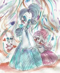 Size: 515x632 | Tagged: abstract background, artist:iiya, derpibooru import, hanbok, human, humanized, pencil, pony coloring, rarity, safe, sweetie belle, traditional art