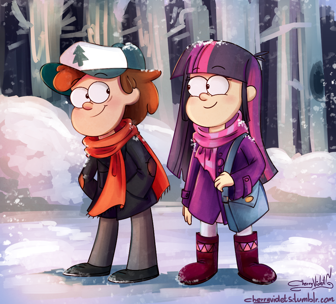 Size: 1072x972 | Tagged: artist:cherryviolets, crossover, crossover shipping, dead source, derpibooru import, diplight, dipper pines, gravity falls, human, humanized, safe, shipping, snow, style emulation, twilight sparkle