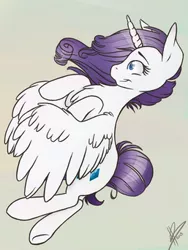 Size: 257x342 | Tagged: safe, artist:akara-art, derpibooru import, rarity, alicorn, pony, female, gradient background, mare, race swap, raricorn, signature, solo