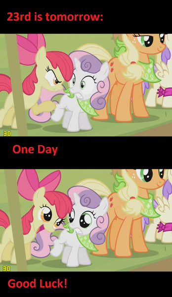 Size: 852x1468 | Tagged: apple bloom, applejack, countdown, derpibooru import, one day, safe, sweetie belle