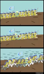 Size: 2001x3348 | Tagged: 1st awesome platoon, artist:ethanchang, charge, comic, derpibooru import, flag, oc, royal guard, safe, spear, yolo