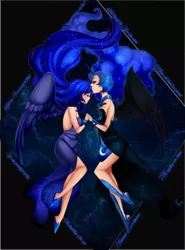 Size: 1480x2000 | Tagged: artist:mizz-chama, clothes, dress, duality, female, floating, galaxy mane, horned humanization, human, humanized, kissing, lesbian, light skin, nightmare moon, out of frame, princess luna, safe, shipping, the moon rises, windswept mane, winged humanization