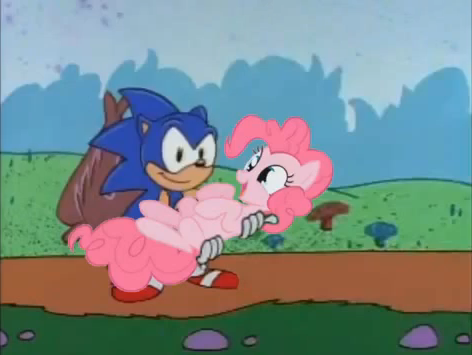 Size: 472x355 | Tagged: safe, artist:dikekike, derpibooru import, screencap, pinkie pie, earth pony, pony, carrying, crossover, crossover shipping, cute, diapinkes, female, holding, image, male, mare, png, sonic the hedgehog, sonic the hedgehog (series), sonicpie, sonipie, youtube link, youtube poop, ytpmv