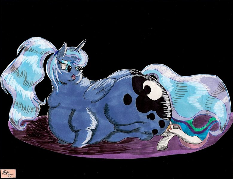 Size: 1018x784 | Tagged: artist:squishyluna, crushing, derpibooru import, fat, morbidly obese, obese, plot, princess celestia, princess luna, princess moonpig, safe