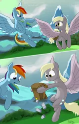 Size: 4980x7777 | Tagged: safe, artist:dimfann, derpibooru import, derpy hooves, rainbow dash, pegasus, pony, absurd resolution, bag, comic, dialogue, female, flying, lead, literal, mare, pun, this will end in tears