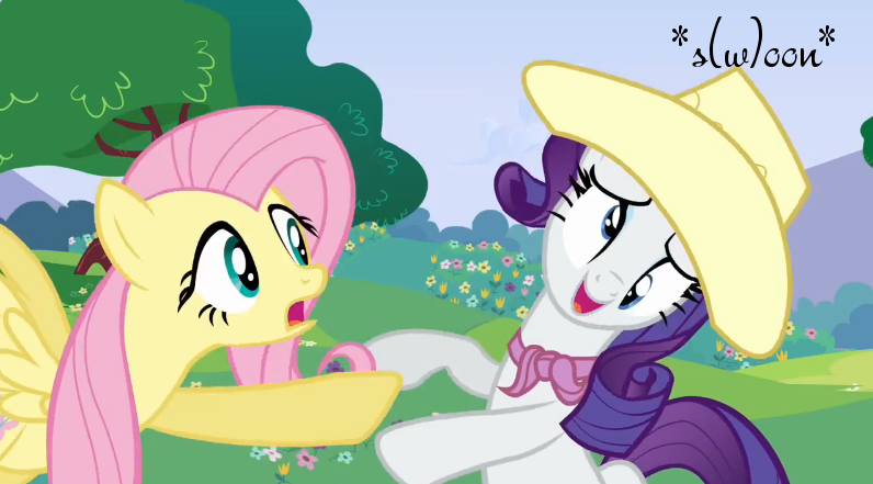 Size: 796x441 | Tagged: a canterlot wedding, derp, derpibooru import, duo, edit, edited screencap, fluttershy, googly eyes, hat, image macro, rarity, safe, screencap, soon, swoon