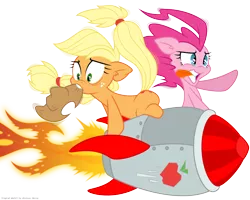 Size: 5000x4000 | Tagged: .ai available, applejack, artist:dfectivedvice, artist:yanoda, colored, pinkie pie, riding, rocket, safe, simple background, transparent background, vector