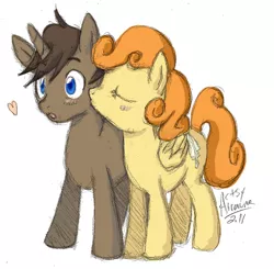 Size: 652x639 | Tagged: safe, artist:artsyalraune, derpibooru import, oc, oc:jigsaw, oc:tiptoe, unofficial characters only, pegasus, pony, fanfic:antipodes, :o, blushing, couple, eyes closed, female, heart, kissing, love, male, shipping, straight, wide eyes