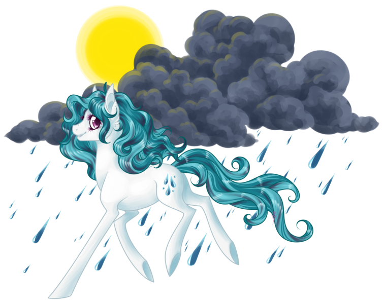 Size: 1767x1402 | Tagged: safe, artist:haventide, derpibooru import, oc, oc:dew droplet, unofficial characters only, earth pony, pony, cloud, female, mare, rain, solo